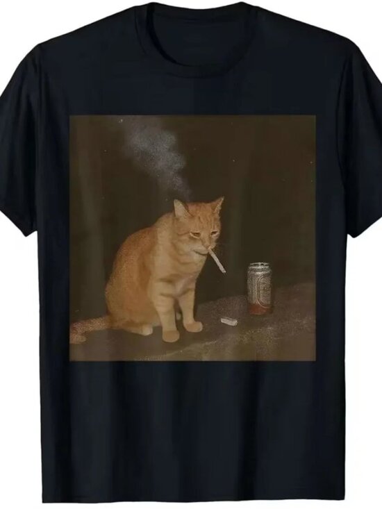 Tops - Cat Smoking Cigarette & Beer Baddies Get Saddies T-Shirt - 100% Cotton